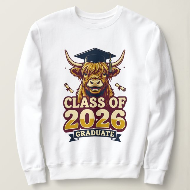 Sweatshirt 2026 graduation design featuring a highland cow  (Design devant)