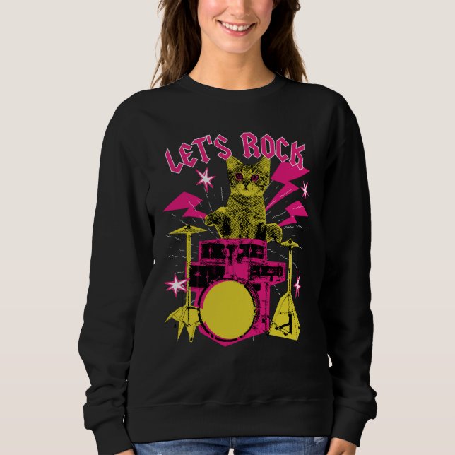Sweatshirt 80s Rock N Roll Girl Cat Let's Rock (Devant)