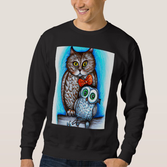 Sweatshirt A Cat And An Owl Mixed Art (Devant)