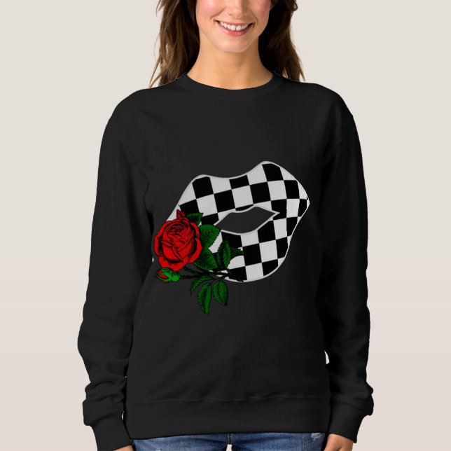 Sweatshirt à damiers lèvres baiser plaid rose rouge rose cour (Devant)