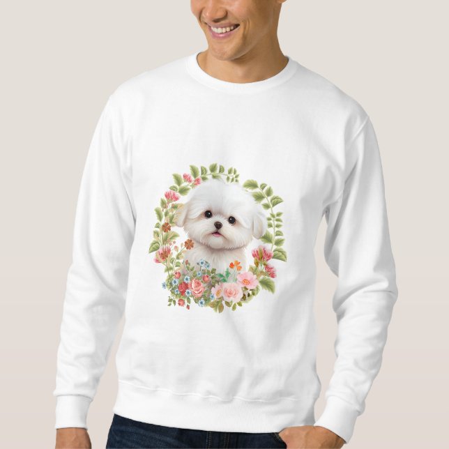 Sweatshirt adorable chiot maltais en fleur, Amoureux des chie (Devant)
