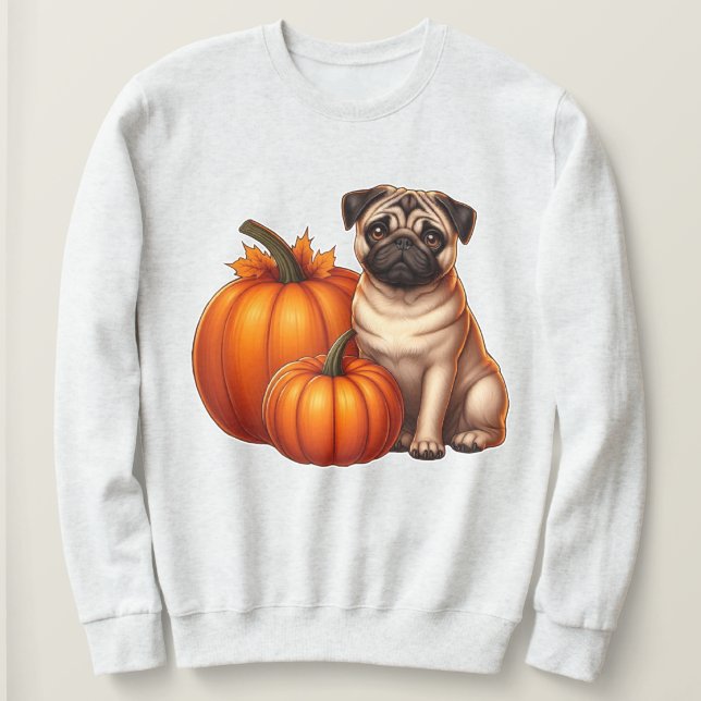 Sweatshirt Adorable Pug Assis à Côté de Citrouilles avec Auto (Design devant)