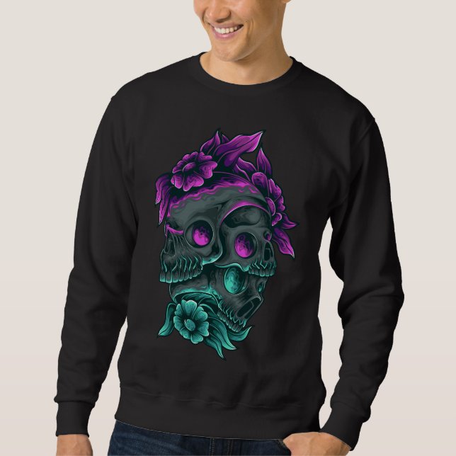 Sweatshirt Adorables Jour des Morts 3 crânes pourpres et bleu (Devant)