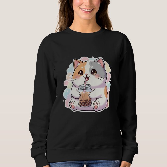Sweatshirt ados d'ado fille mignonne chat et buvant prink tsh (Devant)