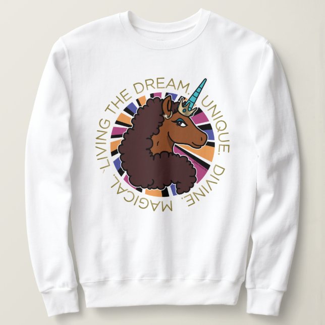 Sweatshirt Afro Unicorn Living the Dream Design (Design devant)