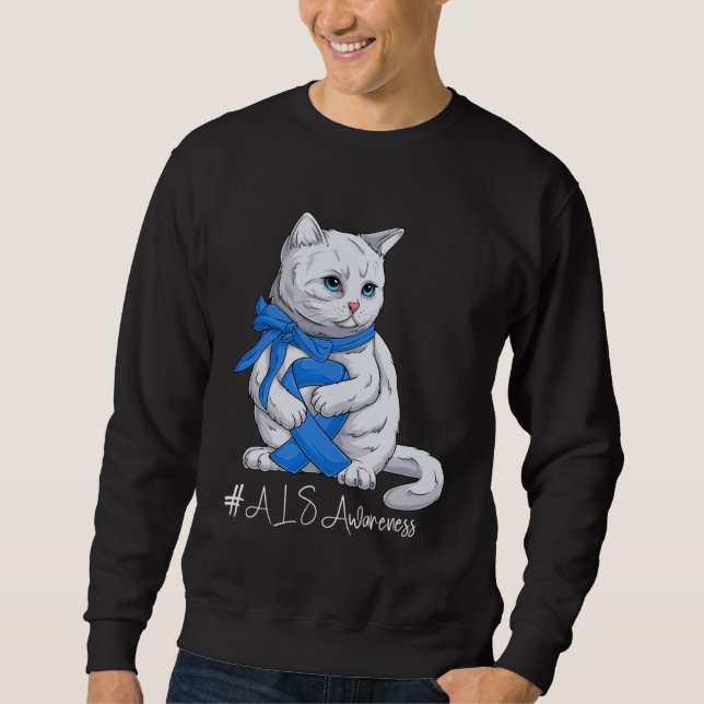 Sweatshirt ALS Awareness Month Blue Ribbon Cat (Devant)