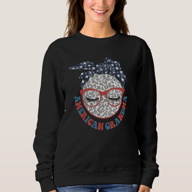 Sweatshirt American Grandma 4th Of July Leopard Messy Bun Pat (Devant)