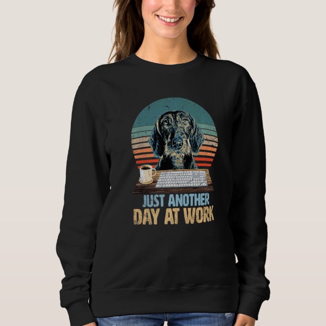 Sweatshirt and cute woodhair dachshund has a boring job (Devant)