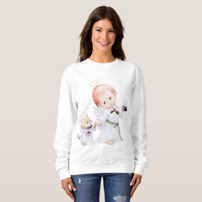Sweatshirt Ange mignon et chat de bébé de Noël (Devant entier)