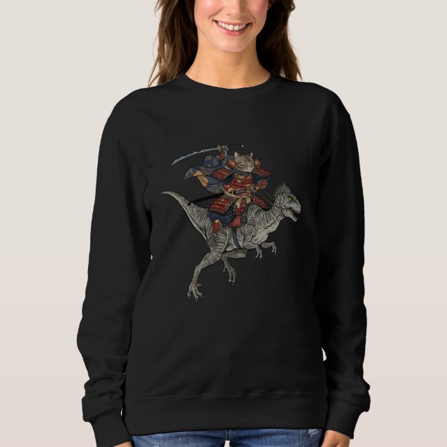 Sweatshirt Anime Cat Funny Samurai Cat Riding Dinosaur Veloci (Devant)