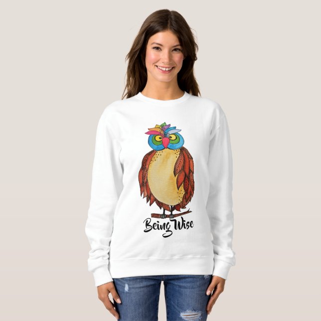 Sweatshirt Aquarelle Chouette magique avec plumes arc-en-ciel (Devant entier)