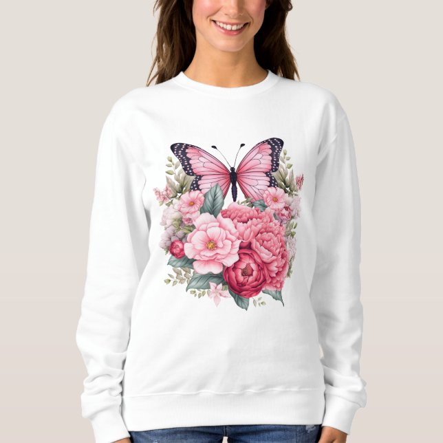 Sweatshirt Aquarelle rose rétro Papillon et fleurs (Devant)