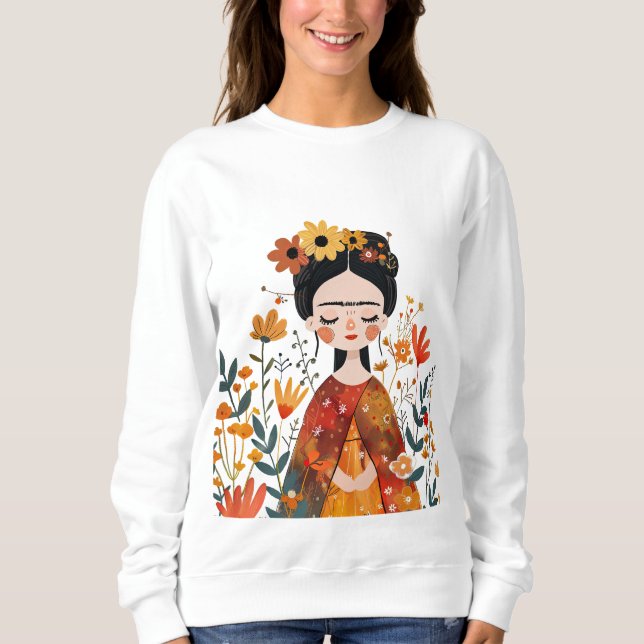 Sweatshirt Aquarelle Whimsical Frida Kahlo avec Fleurs (Devant)