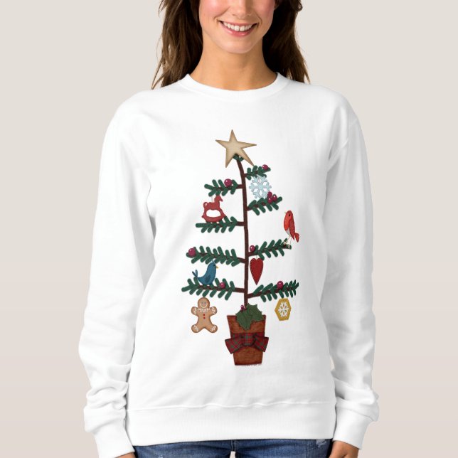 Sweatshirt Arbre de Noël d'art populaire | Ornements Faux Fel (Devant)