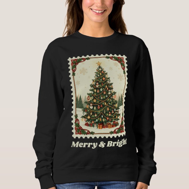 Sweatshirt Arbre de Noël Retro Merry & Bright Poster Timbre (Devant)