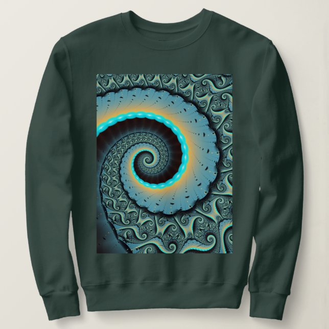 Sweatshirt Art fractal spirale abstrait bleu turquoise orange (Design devant)