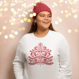 Sweatshirt Art populaire scandinave rouge Arbre de Noël nordi