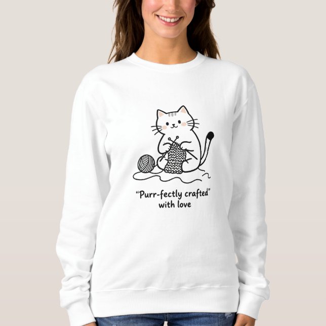 Sweatshirt Artsy Cat with Yarn Knitting Simple Black White (Devant)