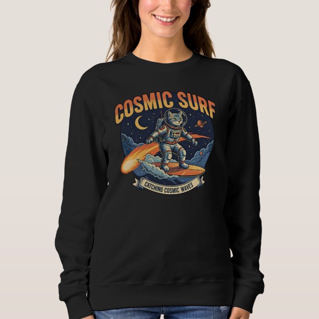 Sweatshirt Astronaut Cat Surfing Comic Waves  (Devant)