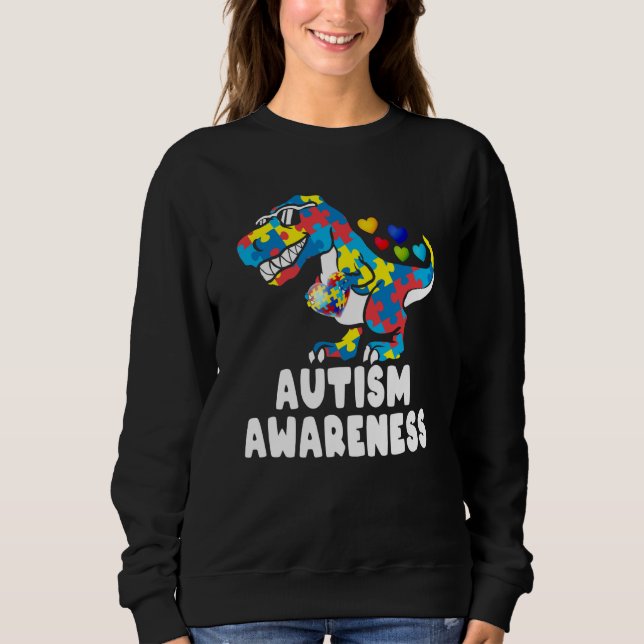Sweatshirt Autism Awareness Dinosaur Rex Heart Puzzle Pieces  (Devant)