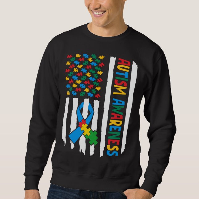 Sweatshirt Autism Awareness Month American Flag Puzzle Piece  (Devant)