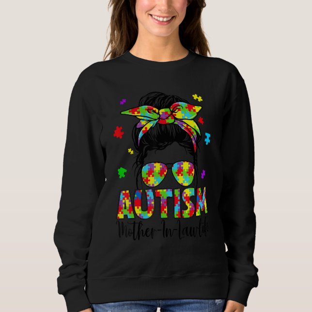 Sweatshirt Autisme Mère En Droit Messy Bun Puzzle Lunettes de (Devant)
