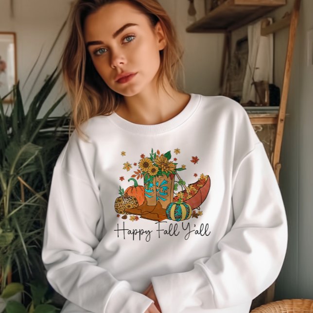 SWEATSHIRT AUTOMNE THÈME RETRO WESTERN HAPPY FALL Y'ALL (Créateur téléchargé)