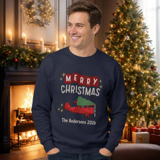 Sweatshirt Avion Transporte Arbre Drôle Noël Famille Personna