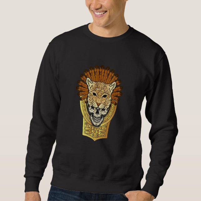 Sweatshirt Aztec Warrior Jaguar Death Skull Native Headdress  (Devant)