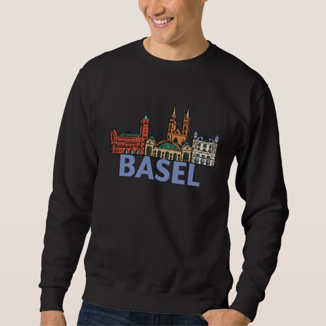 Sweatshirt Basel Switzerland City Skyline Silhouette Outline  (Devant)