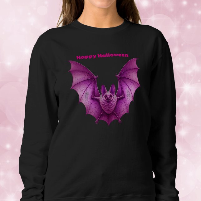 Sweatshirt Bat volante Éffrayant rose vif pour Halloween (Vibrant pink spooky Happy Halloween bat wings spread in flight on black sweatshirt.)