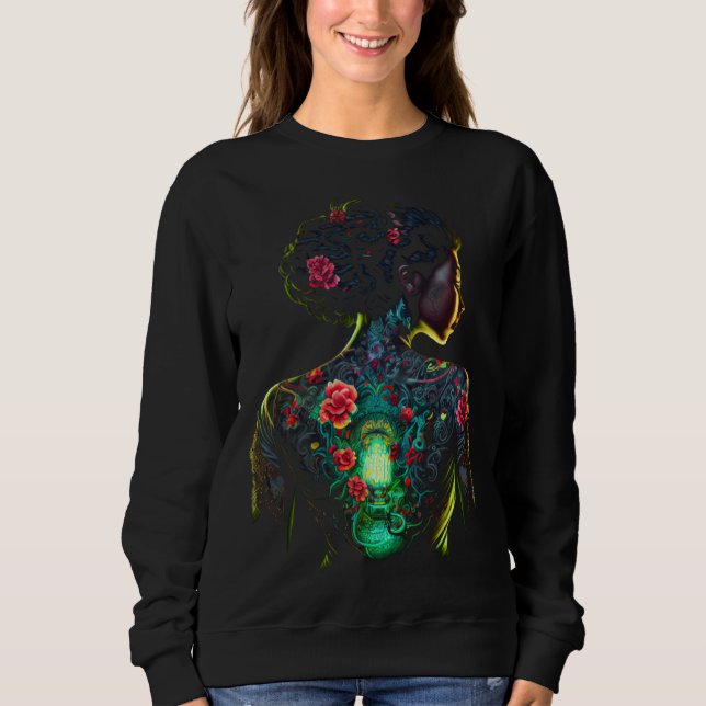 Sweatshirt Beautiful Black Woman Geisha Tattoos Flowers Melan (Devant)