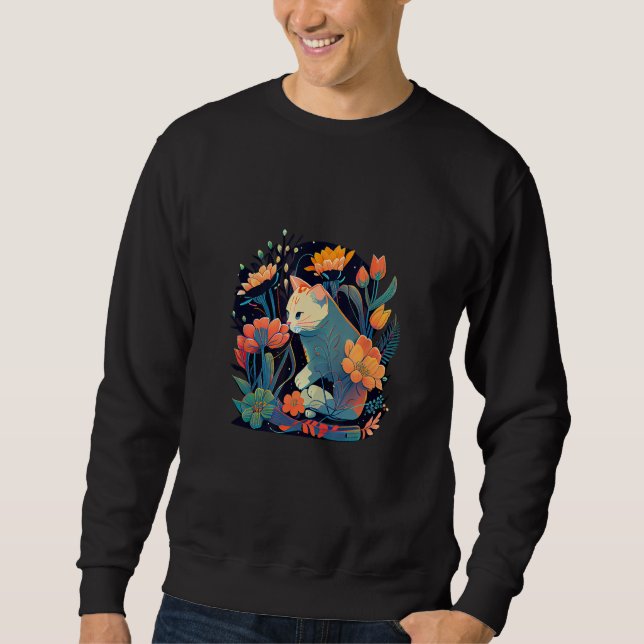 Sweatshirt Beautiful Cat Kitten in a Flower Garden Frame Moth (Devant)