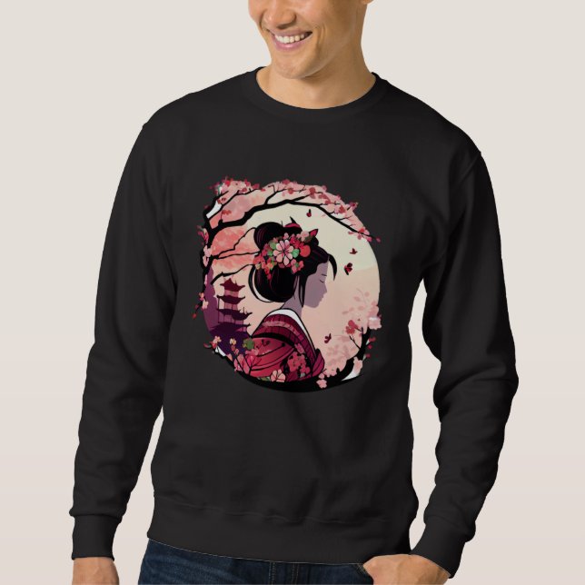Sweatshirt Beautiful geisha lady cherry blossom flowers pagod (Devant)