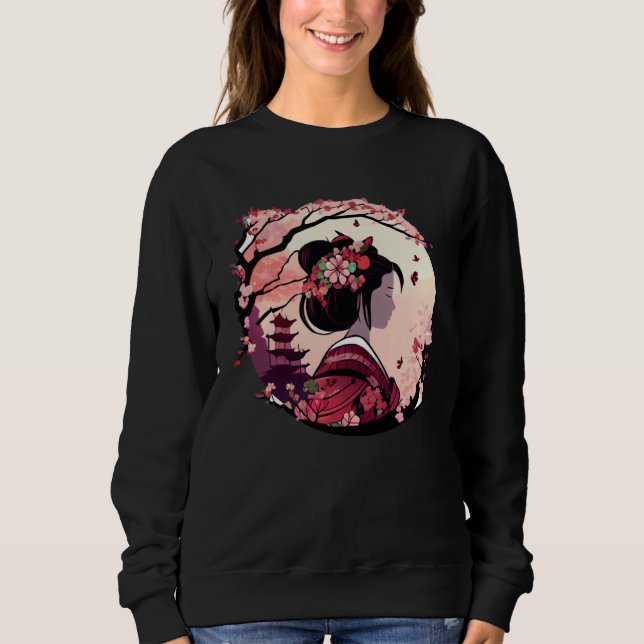 Sweatshirt Beautiful geisha lady cherry blossom flowers pagod (Devant)