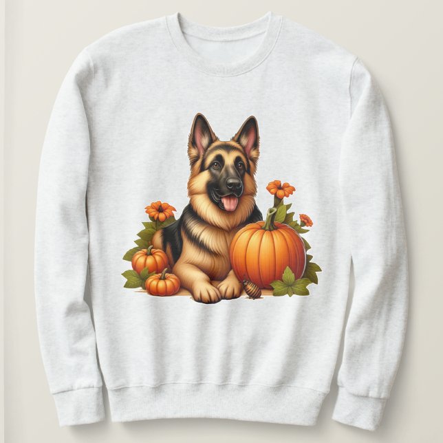 Sweatshirt Berger allemand reposant avec Citrouilles et fleur (Design devant)
