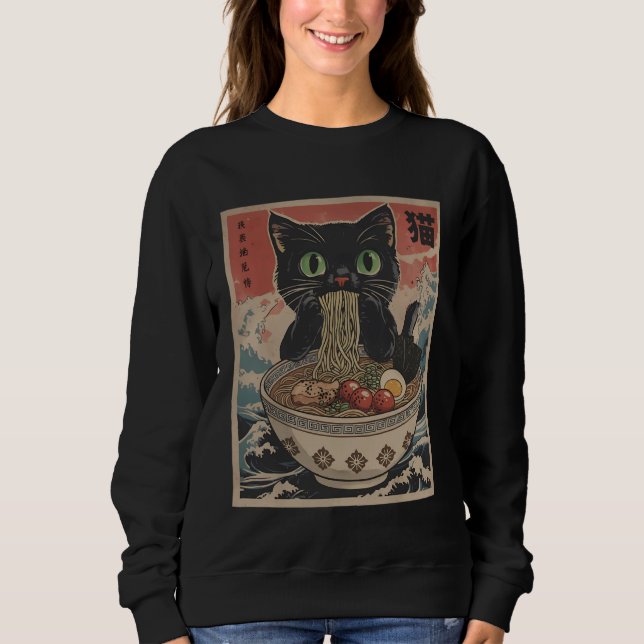 Sweatshirt Black Anime Cat Ramen Noodles Japanese Funny Kawai (Devant)