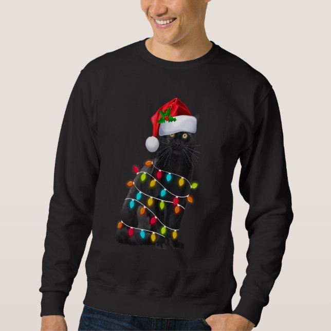 Sweatshirt Black Cat Christmas Light Santa Hat  Cat  Xmas 2 (Devant)