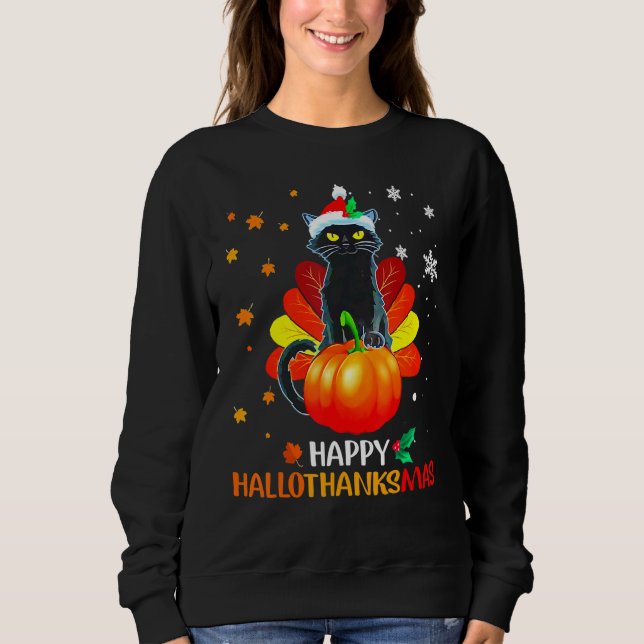 Sweatshirt Black Cat Halloween And Merry Christmas Happy Hall (Devant)