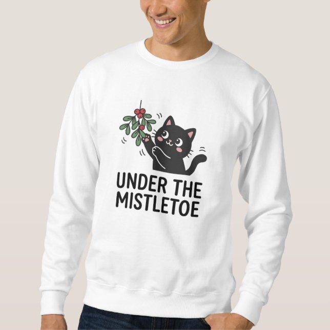 Sweatshirt Black Cat Playing Mistletoe Festive Cartoon (Devant)