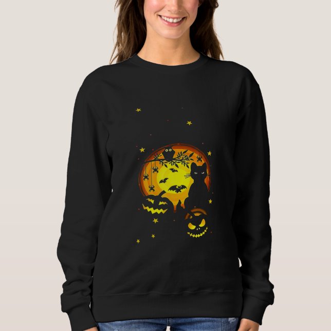 Sweatshirt Black Cat Pumpkin And Owl Halloween Full Moon Cute (Devant)