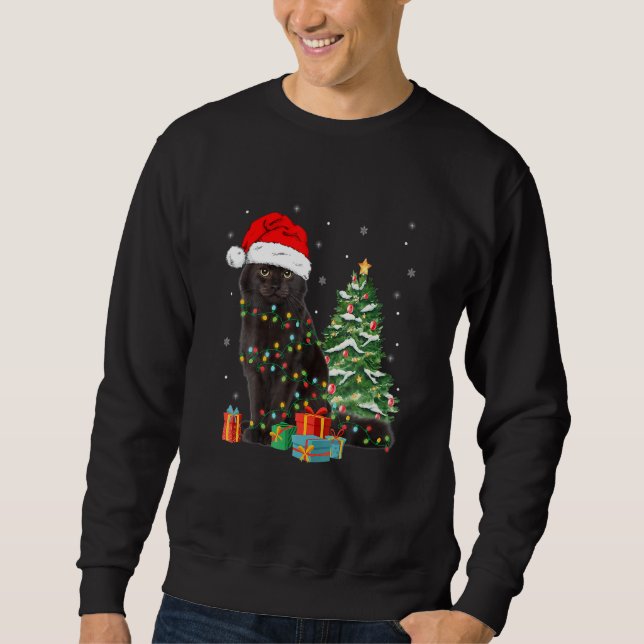 Sweatshirt Black Cat Santa Angled Up In Christmas Lights Xmas (Devant)