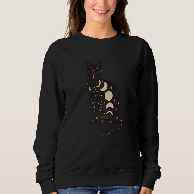 Sweatshirt Black Mystical Cat Moon Phases Astrology Crescent  (Devant)