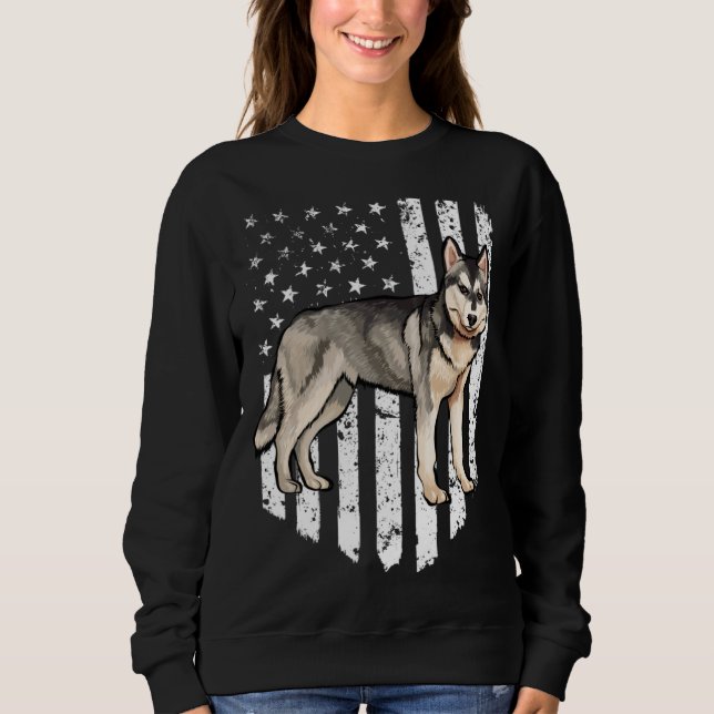 Sweatshirt Black White American Flag Siberian Husky 4th Of Ju (Devant)