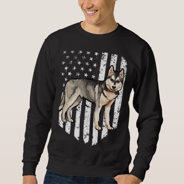 Sweatshirt Black White American Flag Siberian Husky 4th Of Ju (Devant)