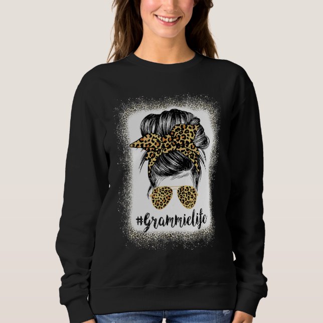 Sweatshirt Bleached Grammie Life Leopard Messy Bun Femmes Mot (Devant)