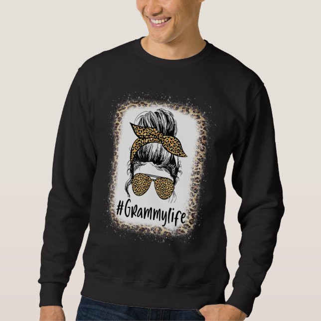 Sweatshirt Bleached Grammy Life Messy Cheveux Bun Leopard Mèr (Devant)