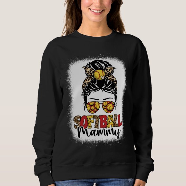 Sweatshirt Bleached Softball Mammy Leopard Messy Bun Mothers  (Devant)