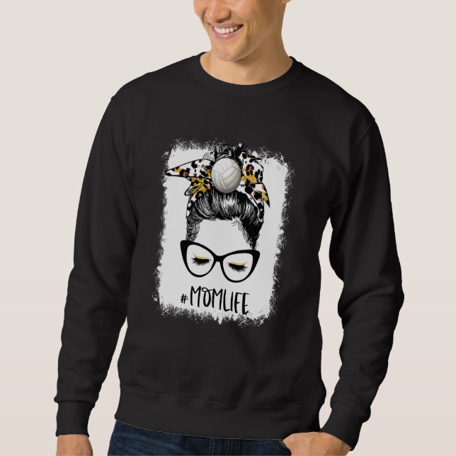 Sweatshirt Bleached Volleyball Maman Vie Leopard Messy Bun Ga (Devant)