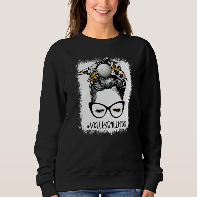 Sweatshirt Bleached Volleyball Maman Vie Leopard Messy Bun Ga (Devant)